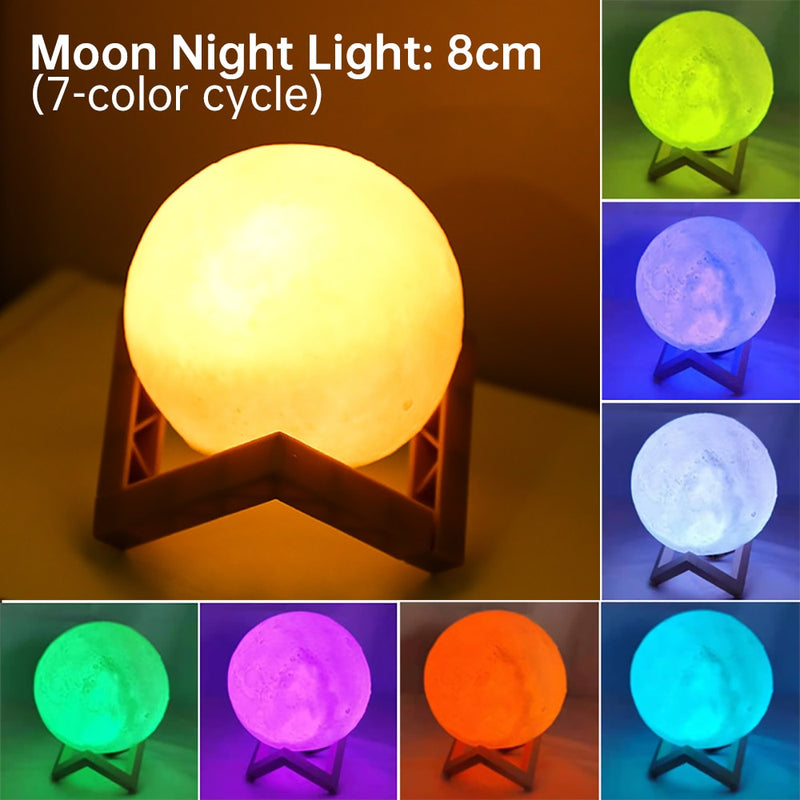 Luz noturna LED Lâmpada Lua Impressão 3D 8 CM/12 CM Alimentada por Bateria com Suporte Lâmpada Estrelada 7 Cores Decoração do Quarto Luzes Noturnas Presente para Crianças