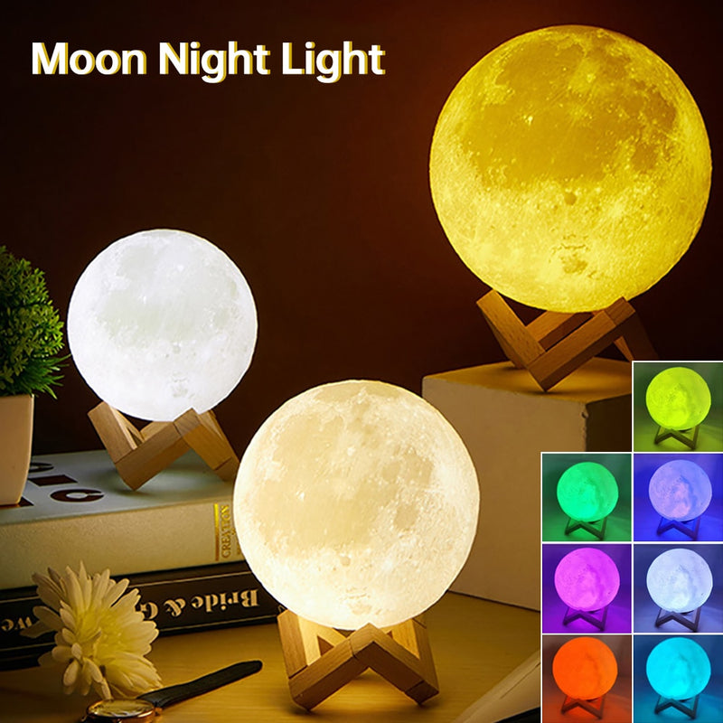 Luz noturna LED Lâmpada Lua Impressão 3D 8 CM/12 CM Alimentada por Bateria com Suporte Lâmpada Estrelada 7 Cores Decoração do Quarto Luzes Noturnas Presente para Crianças