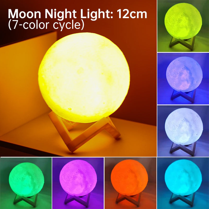 Luz noturna LED Lâmpada Lua Impressão 3D 8 CM/12 CM Alimentada por Bateria com Suporte Lâmpada Estrelada 7 Cores Decoração do Quarto Luzes Noturnas Presente para Crianças