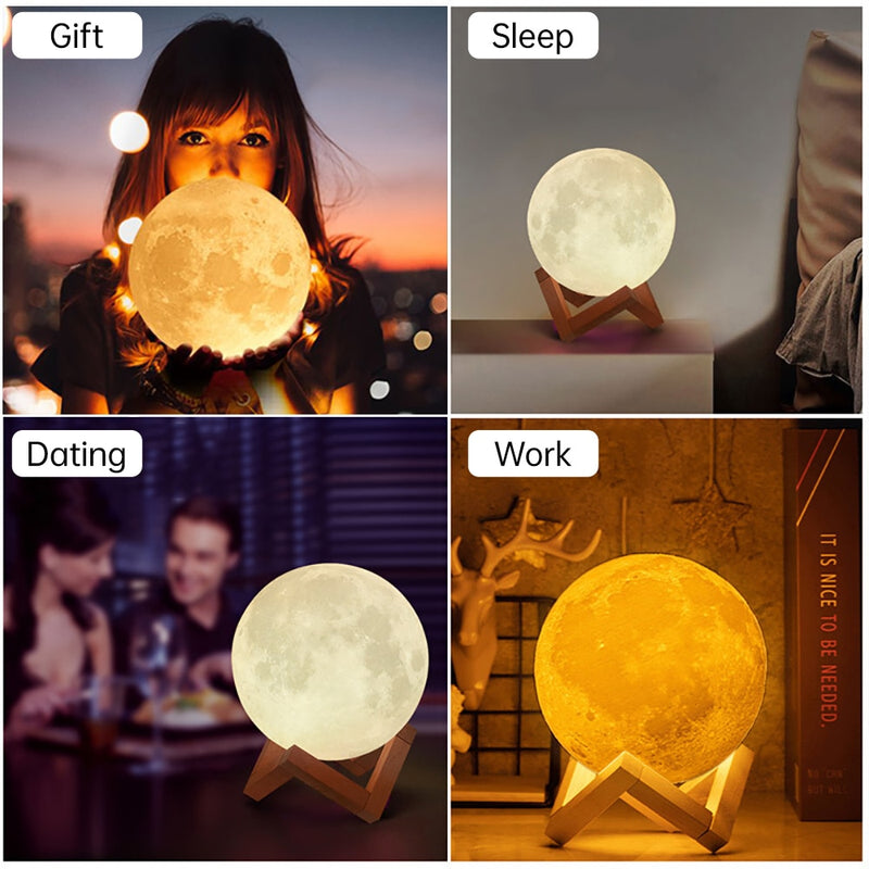 Luz noturna LED Lâmpada Lua Impressão 3D 8 CM/12 CM Alimentada por Bateria com Suporte Lâmpada Estrelada 7 Cores Decoração do Quarto Luzes Noturnas Presente para Crianças